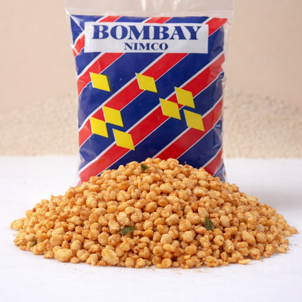Bag of Bombay Nimco bareek dahi bondi on a white surface with a beige background
