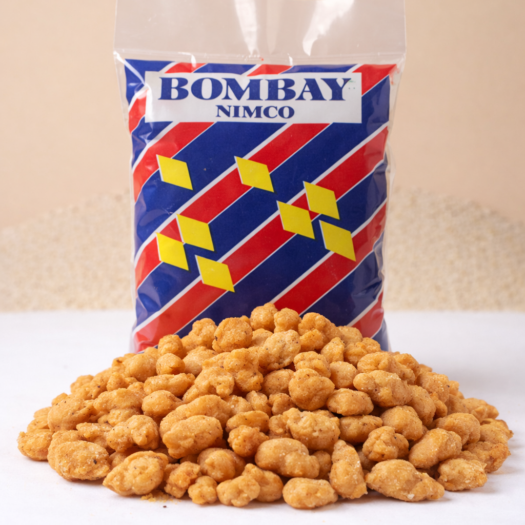 Bag of Bombay Nimco snacks on a white surface with a beige background