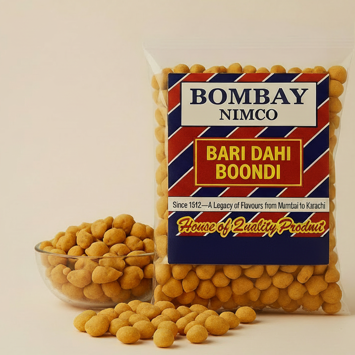 Packaged snack with 'Bombay Nimco' label on a beige background
