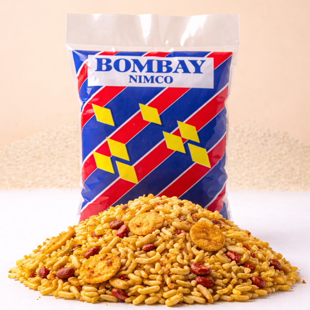 Bag of Bombay Nimco with a pile of snacks on a beige background