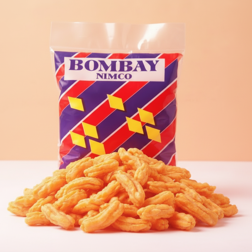 Bag of Bombay Nimco snacks on a white surface with a beige background