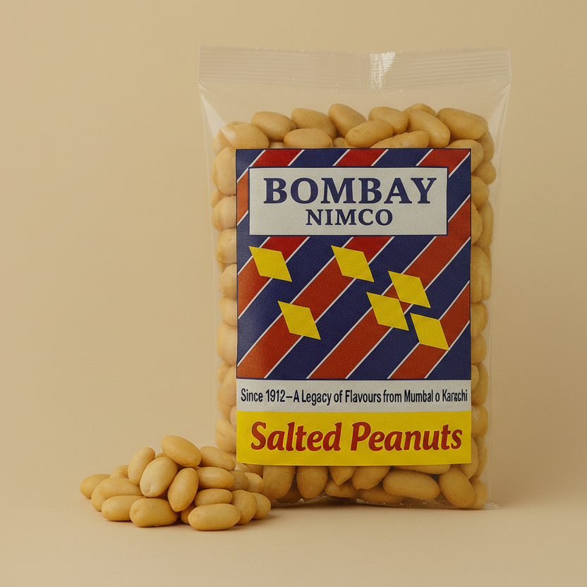Packaged salted peanuts with a 'Bombay Nimco' label on a beige background