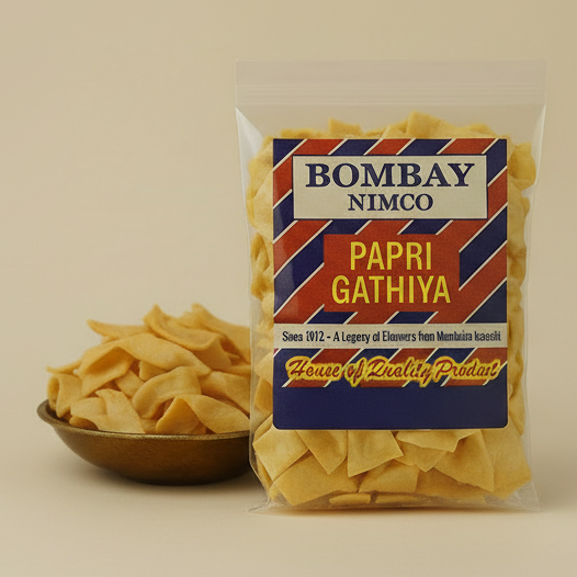 Packaged chips with 'Bombay Nimco' label on a beige background