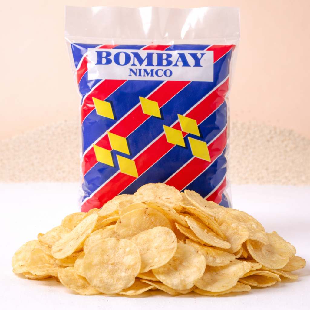 Bag of Bombay Nimco chips on a white surface with a beige background