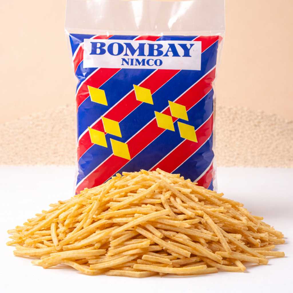 Bag of Bombay Nimco snacks on a white surface with a beige background