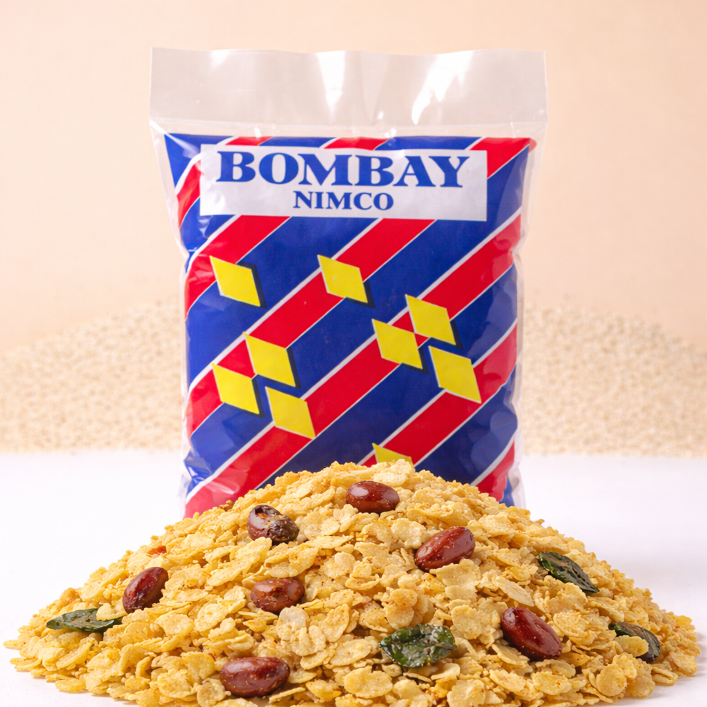 Bag of Bombay Nimco with a pile of cereal on a beige background