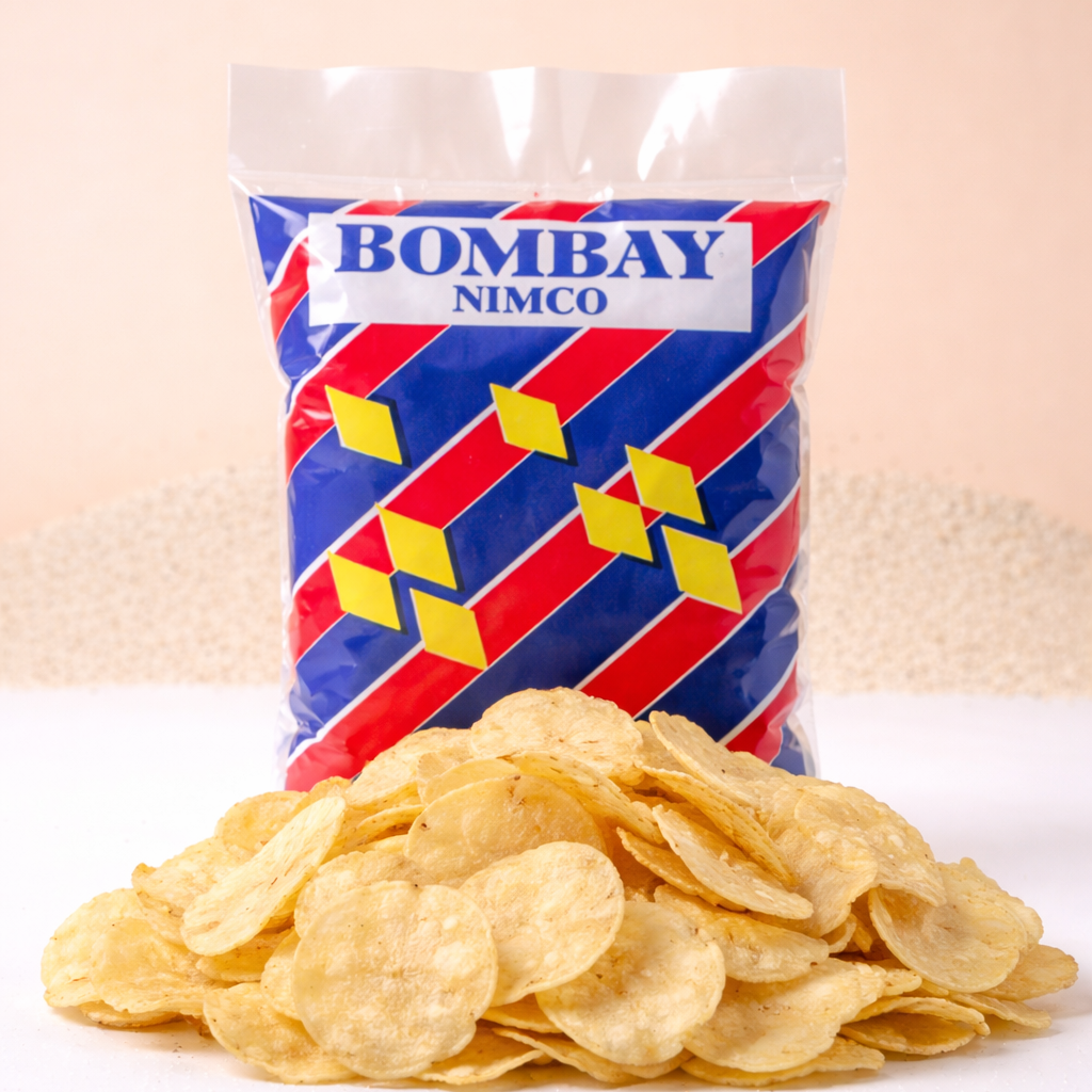 Bag of Bombay Nimco chips on a white surface with a beige background