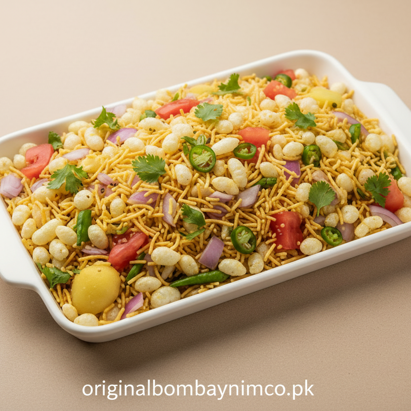 raw bhel puri in a white tray with beige background