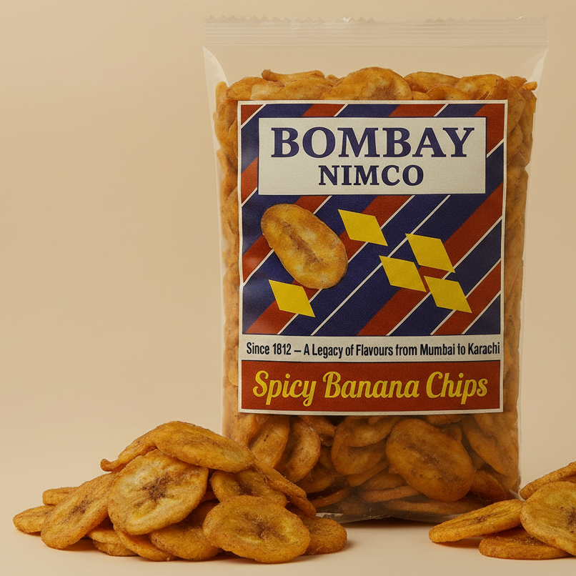 Packaged spicy banana chips with 'Bombay Nimco' label on a beige background