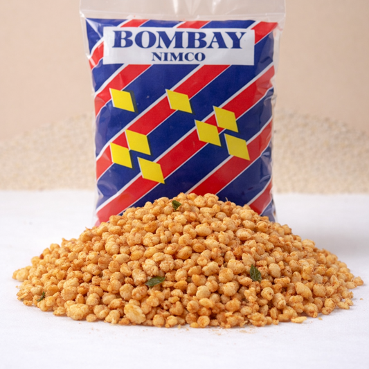 Bag of Bombay Nimco bareek dahi bondi on a white surface with a beige background