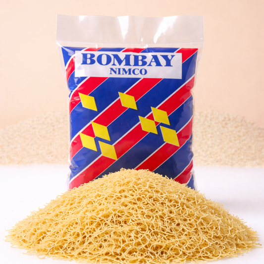 Bag of Bombay Nimco noodles on a white surface with a beige background