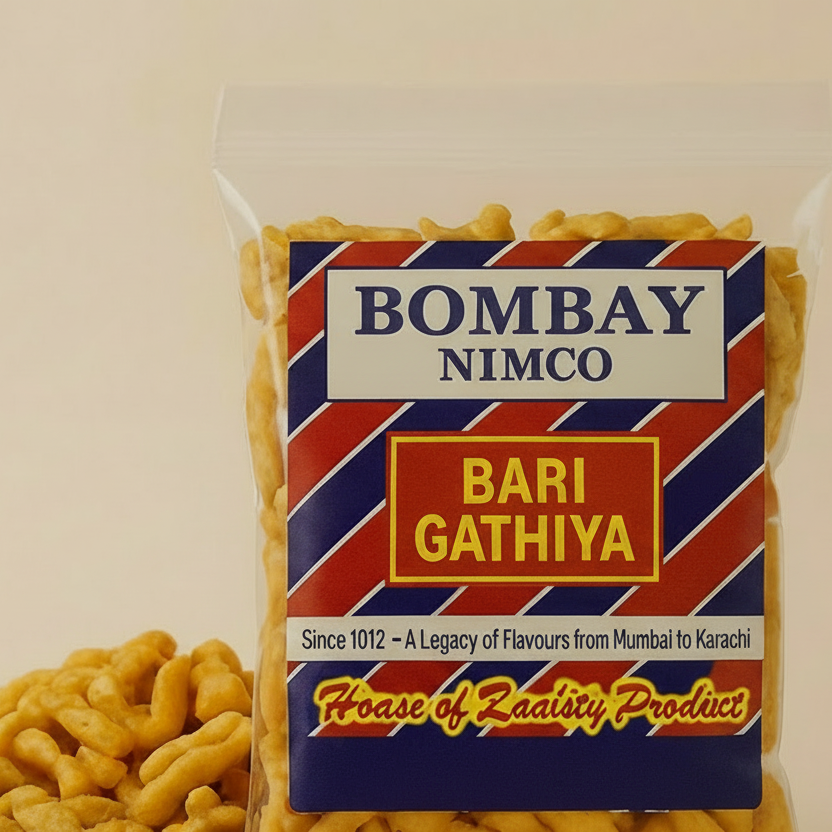 Packaged snack with 'Bombay Nimco' branding on a beige  Bari Gathiya 