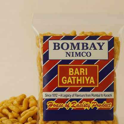 Packaged snack with 'Bombay Nimco' branding on a beige  Bari Gathiya 
