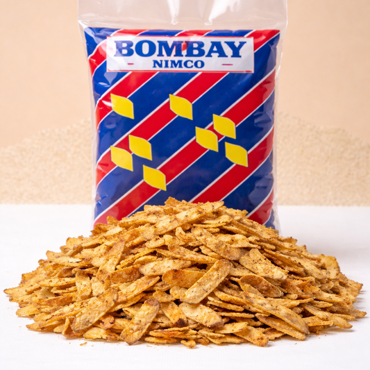 Bag of Bombay Nimco snacks on a beige background
