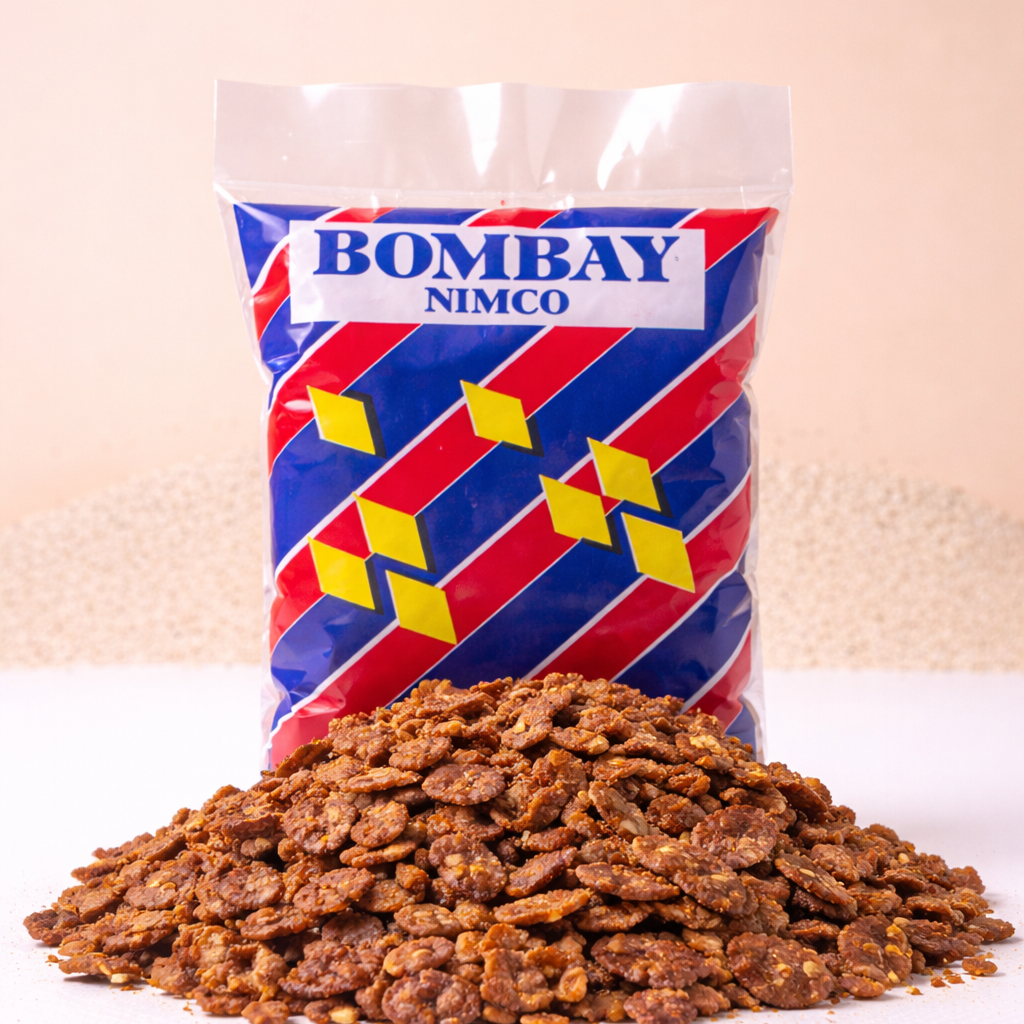 Bag of Bombay Nimco snacks on a white surface with a beige background