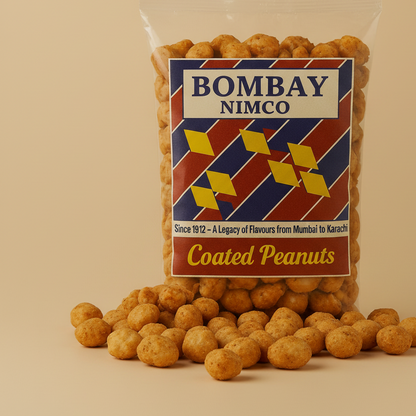 Packaged Coated Peanuts with 'bombay Nimco' label on a beige background