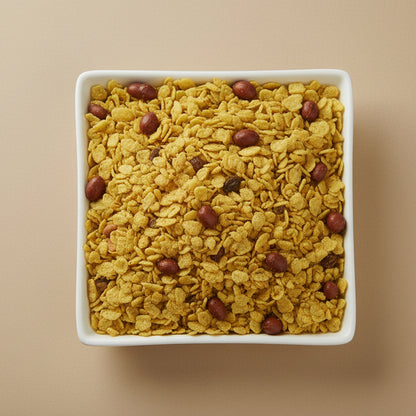 Close-up of a dish with meetha chewra from bombay nimco