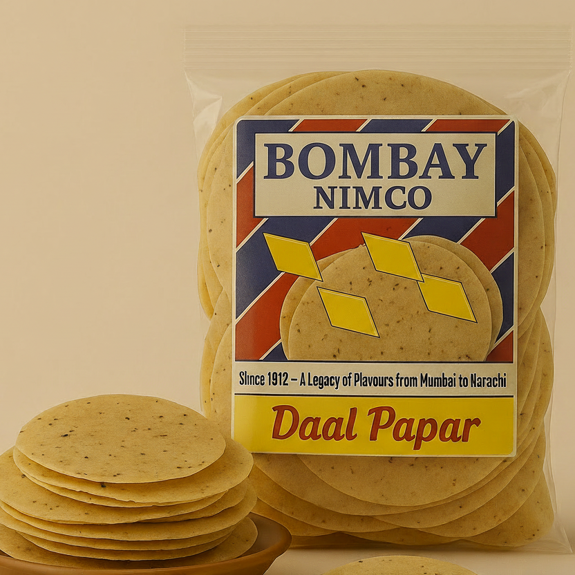 Packaged Daal Papar with 'Bombay Nimco' label on a beige background