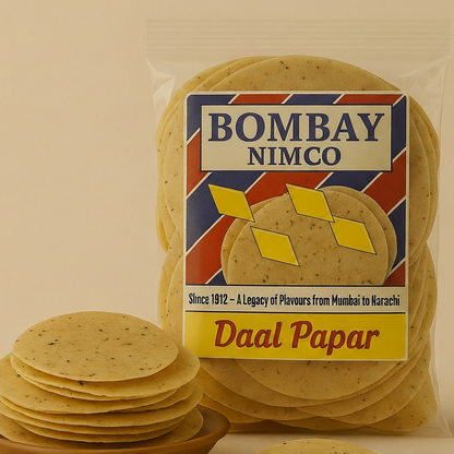 Packaged Daal Papar with 'Bombay Nimco' label on a beige background