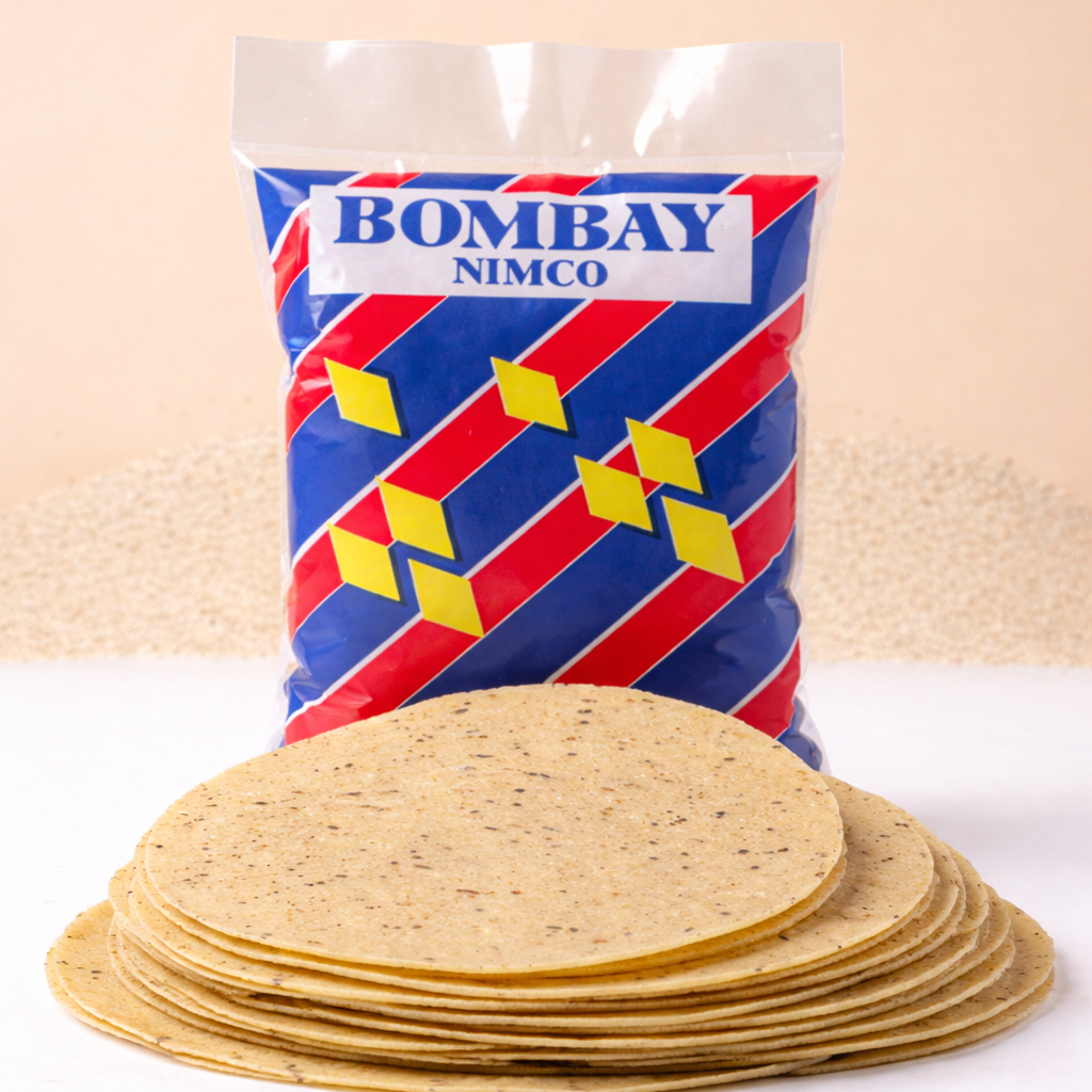 Bag of Bombay Nimco tortillas on a white surface with a beige background