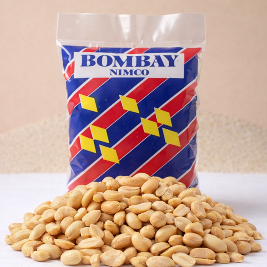 Bag of Bombay Nimco peanuts on a white surface with a beige background