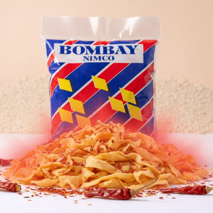 Bag of Bombay Nimco snacks with snacks spilling gathiya papri