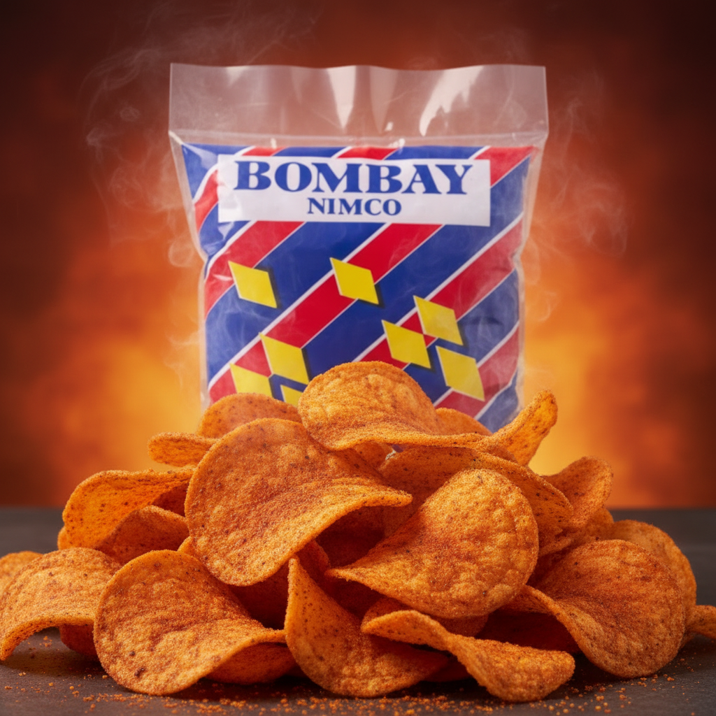 Bag of Bombay Nimco chips on a white surface with a beige background