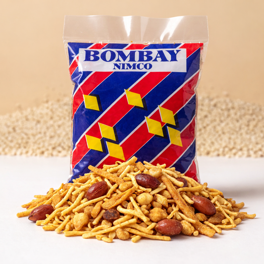 Bag of Bombay Nimco snacks with a colorful label on a beige background