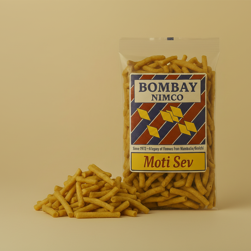 Packaged snack with 'Bombay Nimco' label next to a bowl of snacks on a beige background
