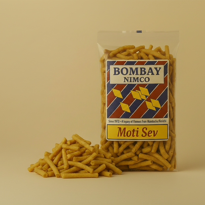 Packaged snack with 'Bombay Nimco' label next to a bowl of snacks on a beige background
