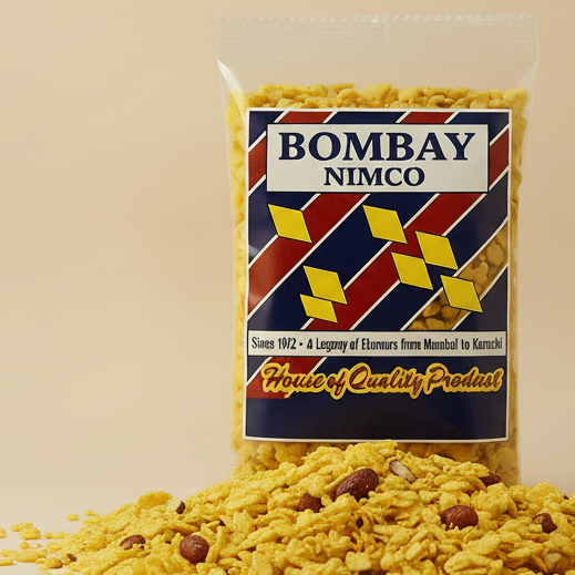 Bombay Nimco packaging with a bowl meetha chewra on a beige background