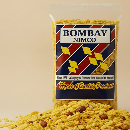 Bombay Nimco packaging with a bowl meetha chewra on a beige background