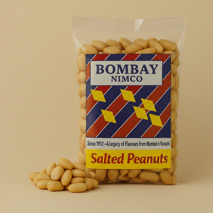 Packaged salted peanuts with a 'Bombay Nimco' label on a beige background