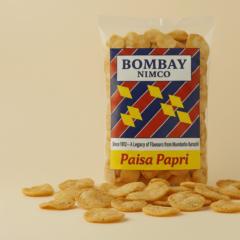 Packaged 'Paisa Papri' from 'Bombay Nimco' with a bowl of papri on a beige background