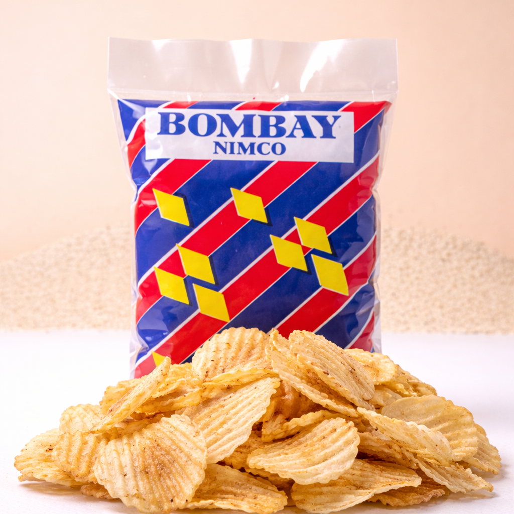 Bag of Bombay Nimco chips on a white surface with a beige background