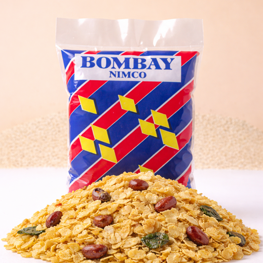 Bag of Bombay Nimco with a pile of cereal on a beige background