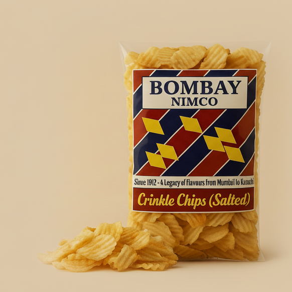 Packaged crinkle chips with 'Bombay Nimco' label on a beige background