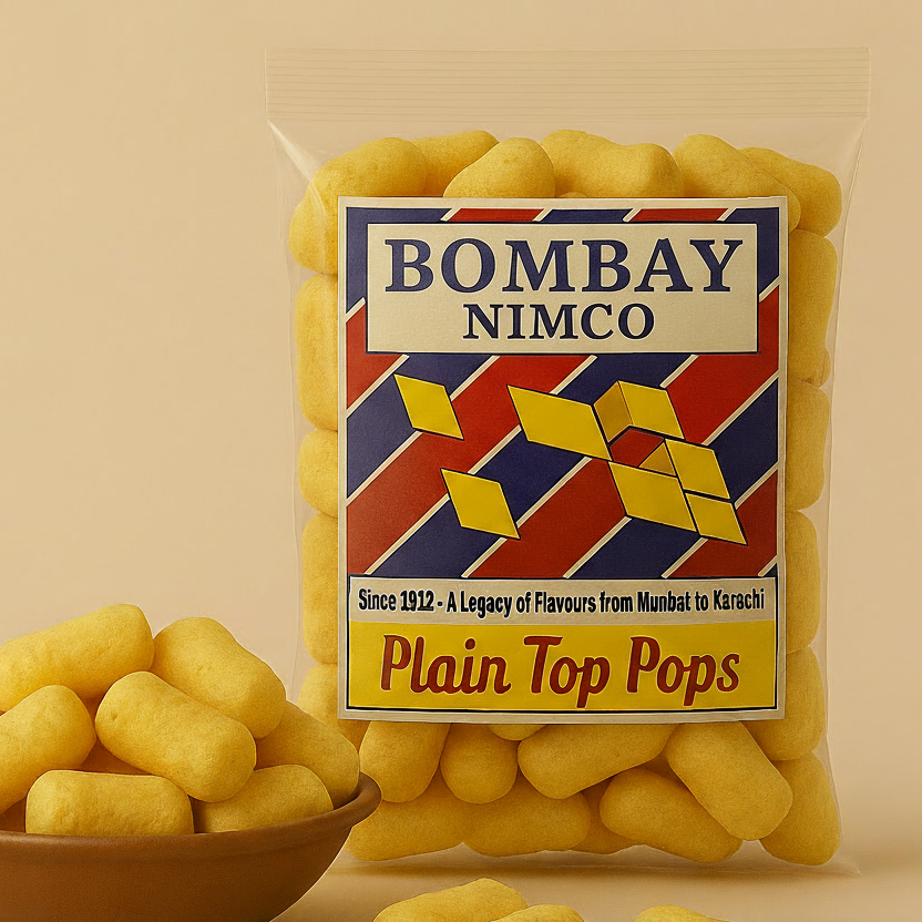 Packaged Plain Top Pops with Bombay Nimco label on a beige background