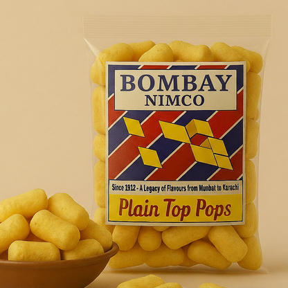 Packaged Plain Top Pops with Bombay Nimco label on a beige background