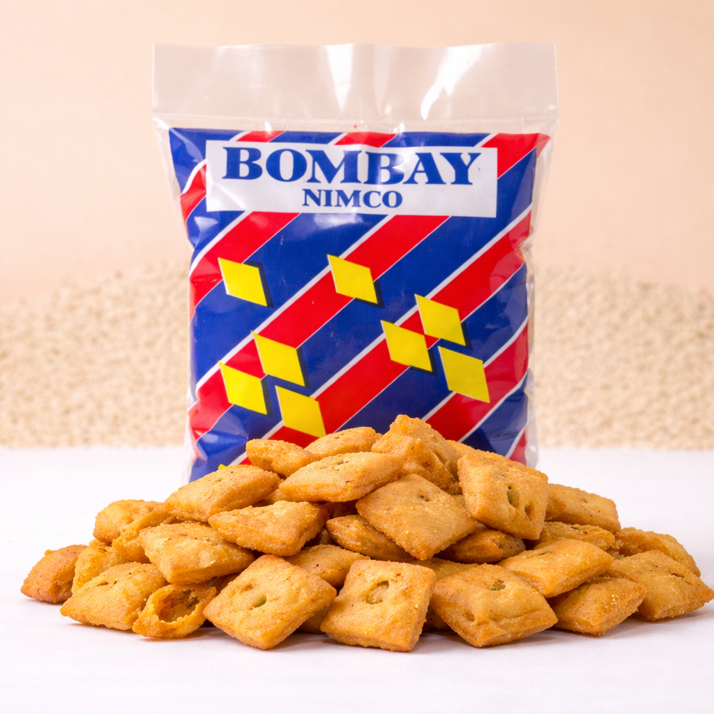 Packaged snacks with Bombay Nimco branding on a beige background