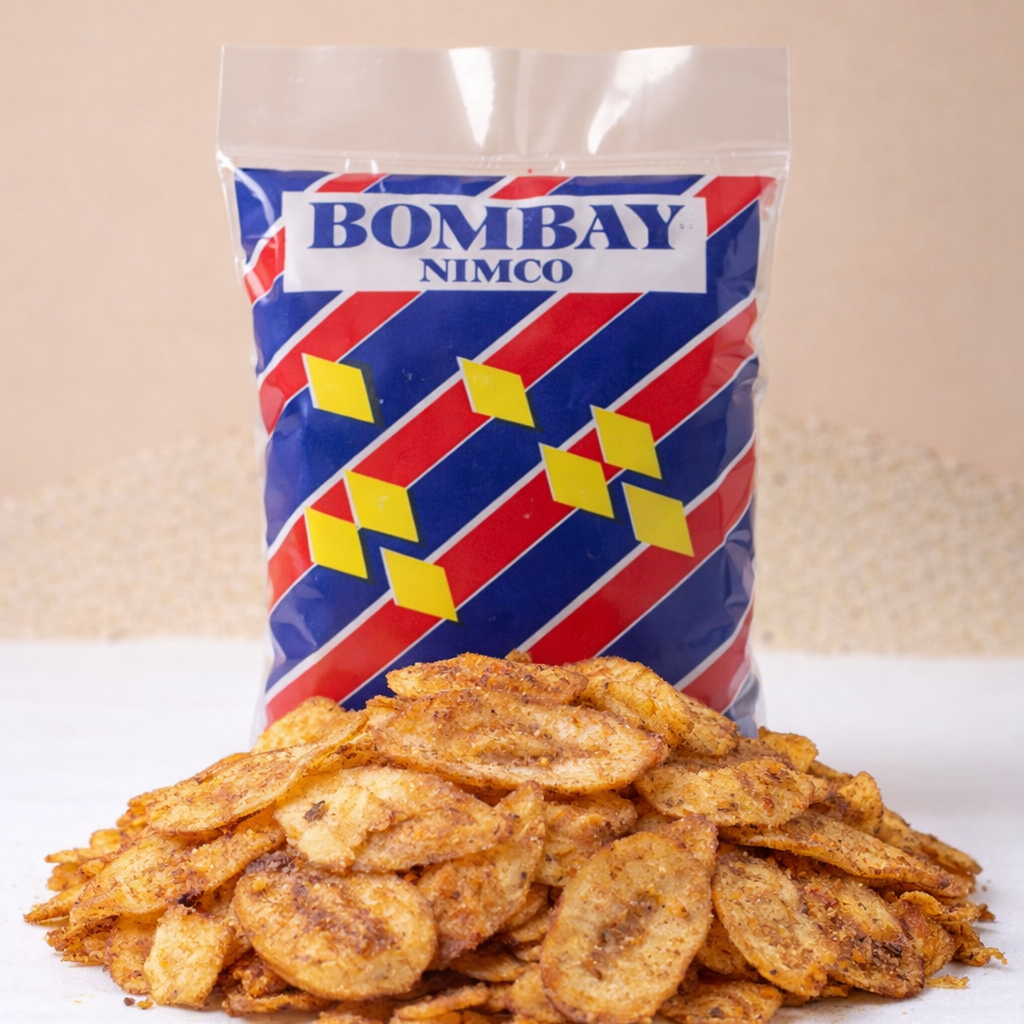 Bag of Bombay Nimco chips on a white surface with a beige background