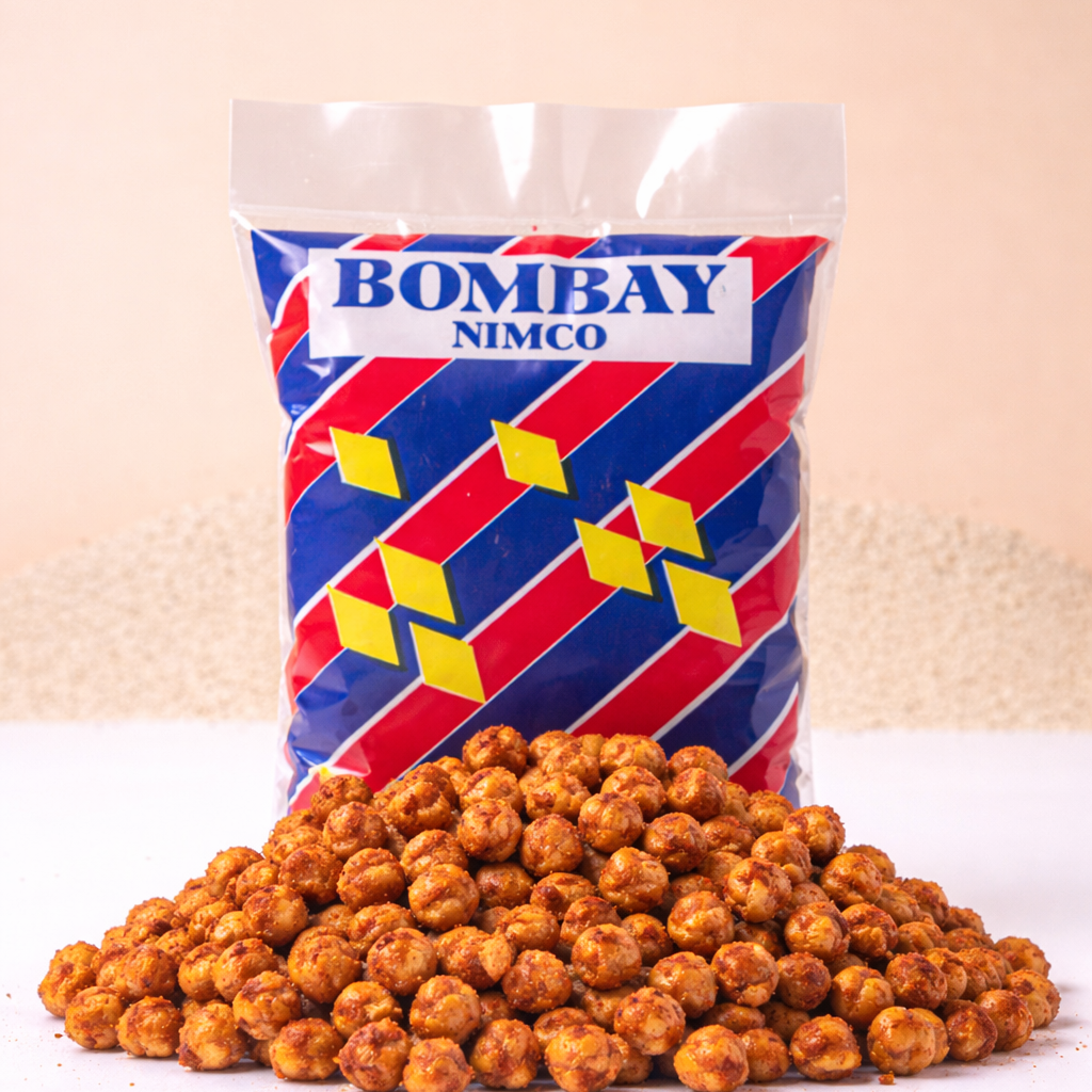Bag of Bombay Nimco snacks on a white surface with a beige background