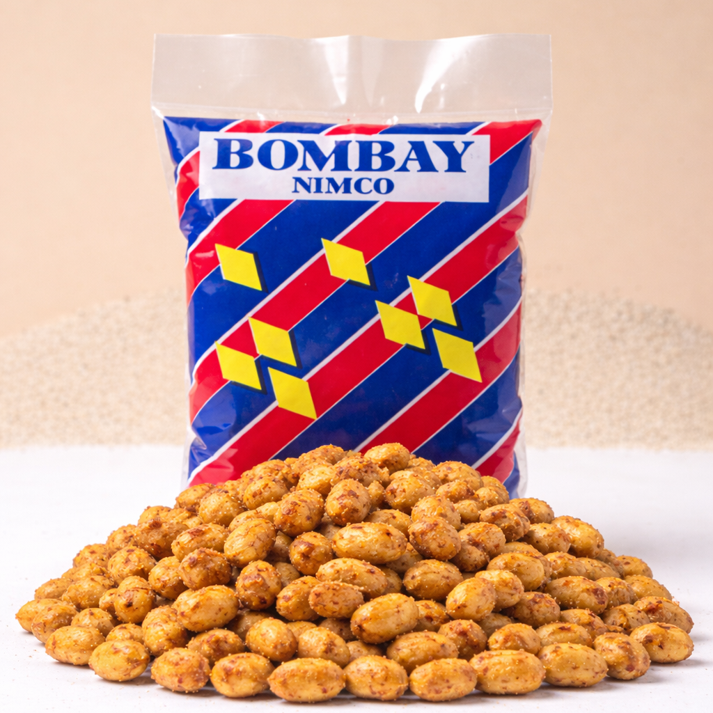 Bag of Bombay Nimco snacks on a beige background