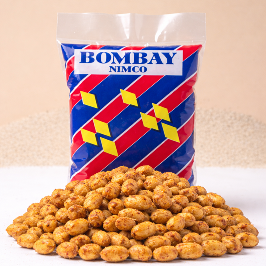 Bag of Bombay Nimco snacks on a beige background
