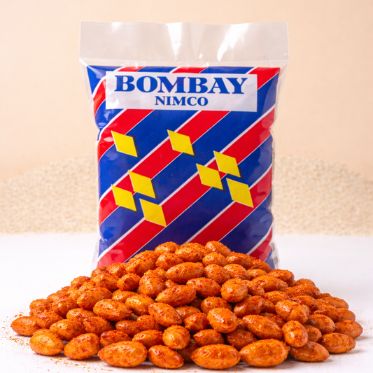 Bag of Bombay Nimco snacks on a white surface with a beige background