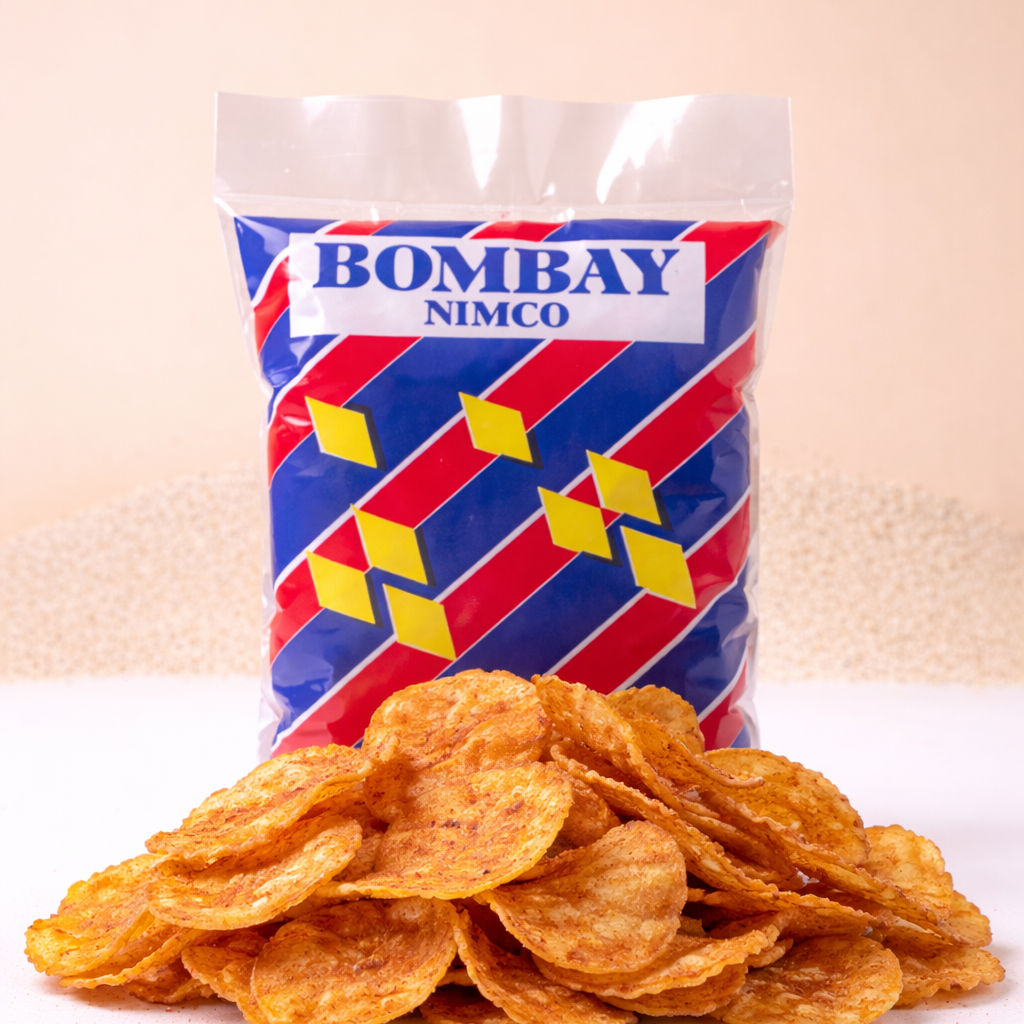 Bag of Bombay Nimco chips on a white surface with a beige background