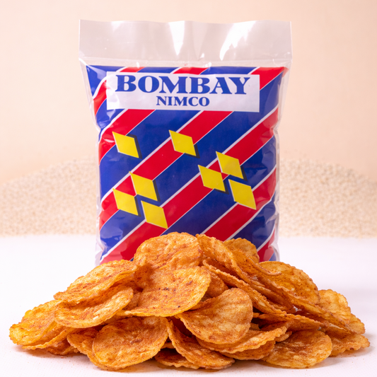 Bag of Bombay Nimco chips on a white surface with a beige background