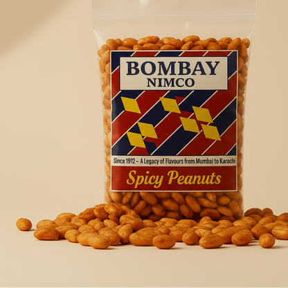 Packaged spicy peanuts with 'Bombay Nimco' label on a beige background