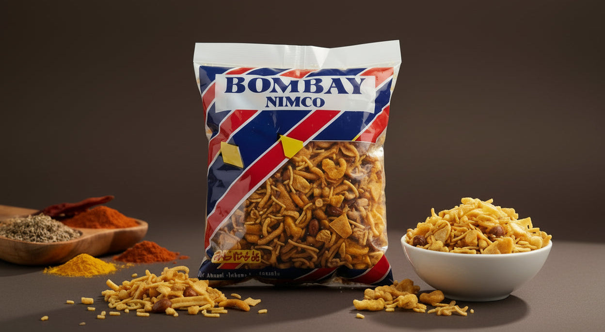 Bag of Bomba Nimco snack mix on a white surface