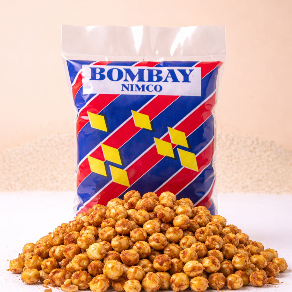 Bag of Bombay Nimco snacks on a white surface with a beige background